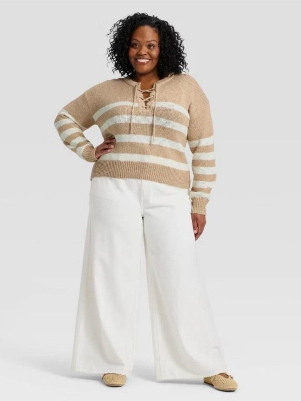 Universal Thread Plus Size Lace-Up Striped Sweater - Beige & White